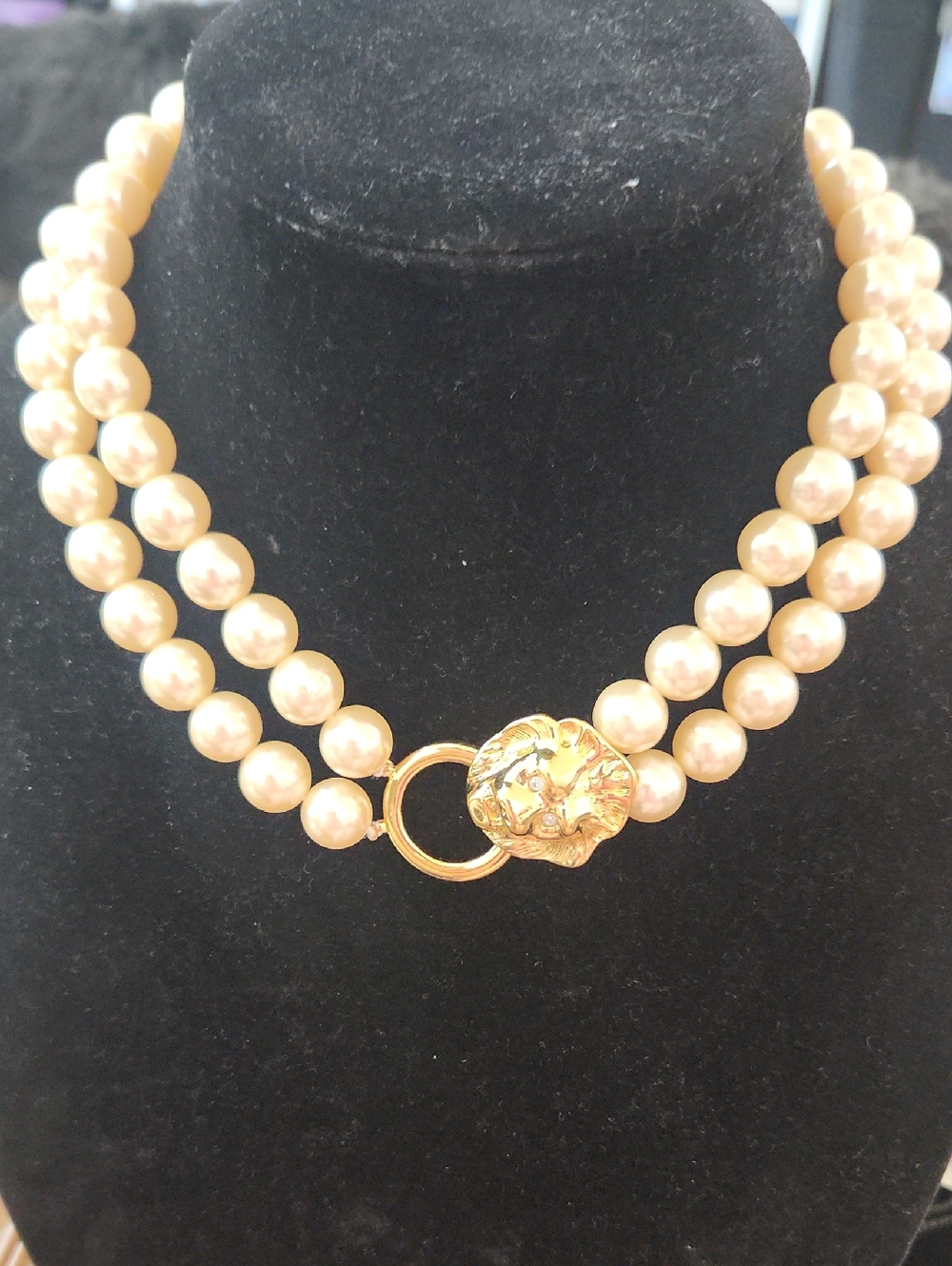 KJL For Avon, Double Strand Cream Faux Pearl Necklace with Gold Lion Clasp